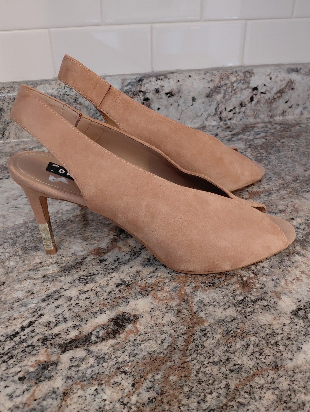 DKNY Nude Tan Suede Slingback Heels With Gold Accent Heels - Picture 9 of 9